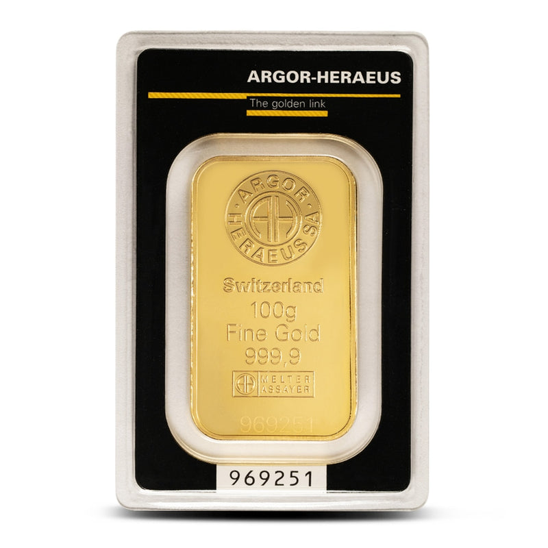 100 Gram Argor Heraeus Gold Bar (New w/ Assay)