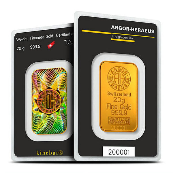 20 Gram Argor Heraeus Kinebar Gold Bar (New w/ Assay)