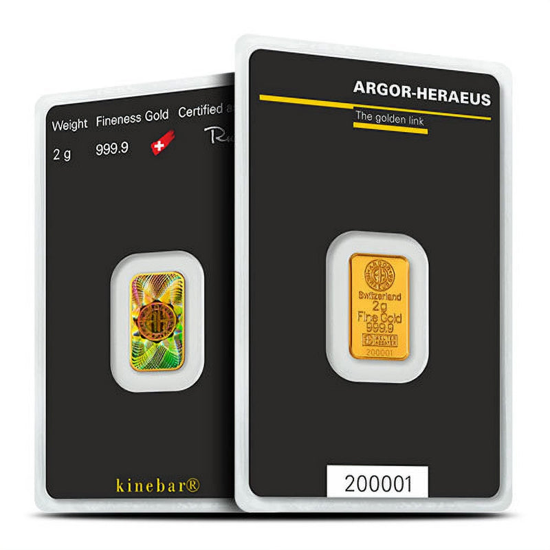 2 Gram Argor Heraeus Kinebar Gold Bar (New w/ Assay)