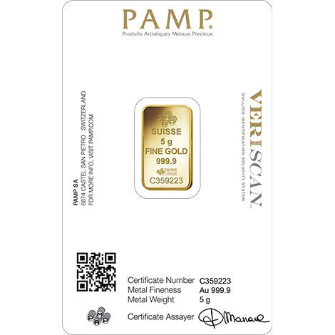 5 Gram PAMP Suisse Fortuna Veriscan Gold Bar (New w/ Assay)